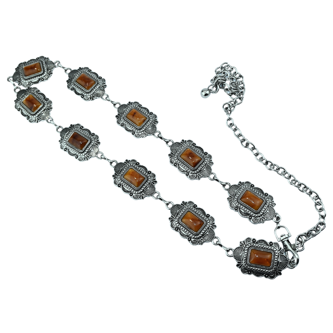 Cinto Feminino com Placas Retangulares e Pedra Central