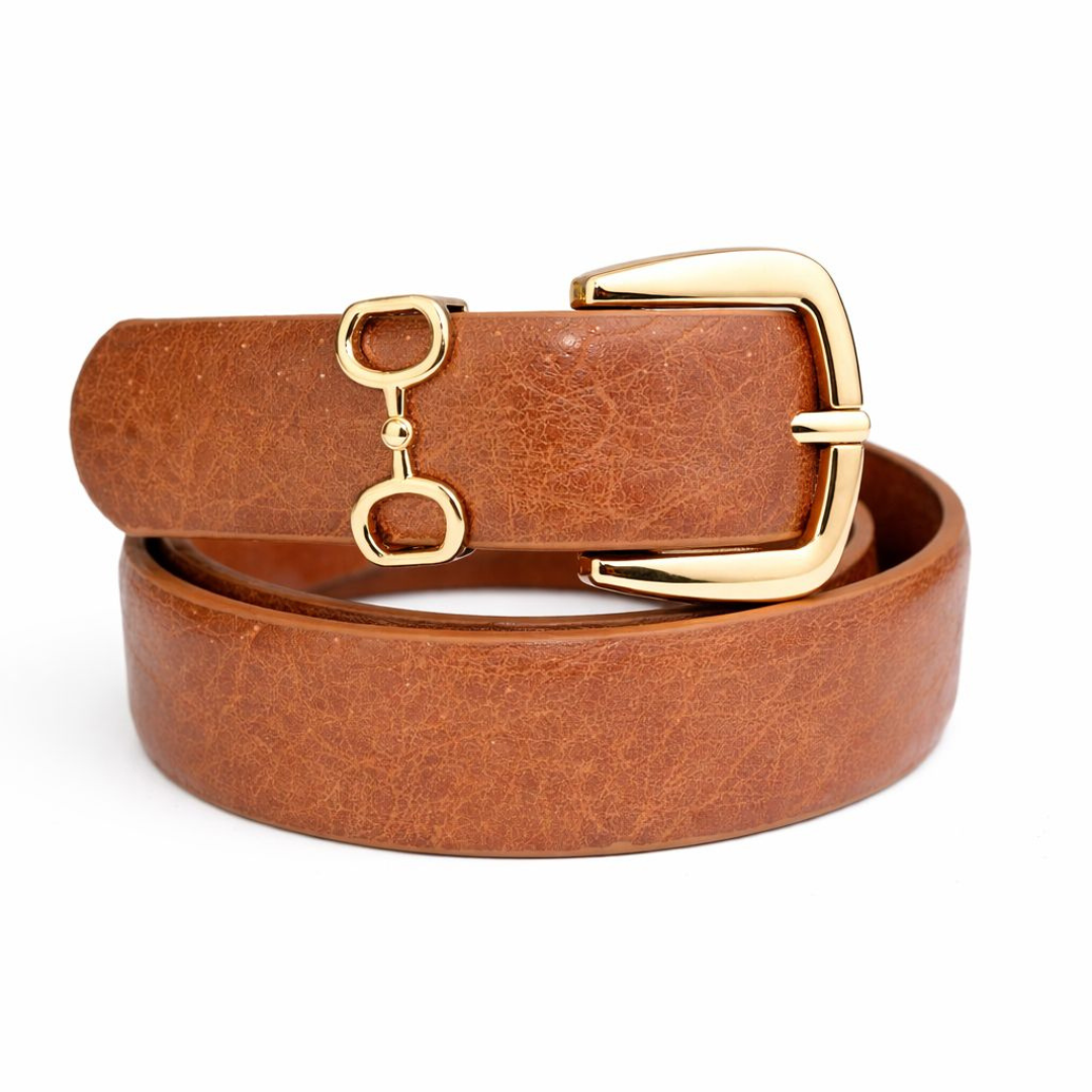 Cinto Feminino com Fivela Dourada e Detalhe Metálico