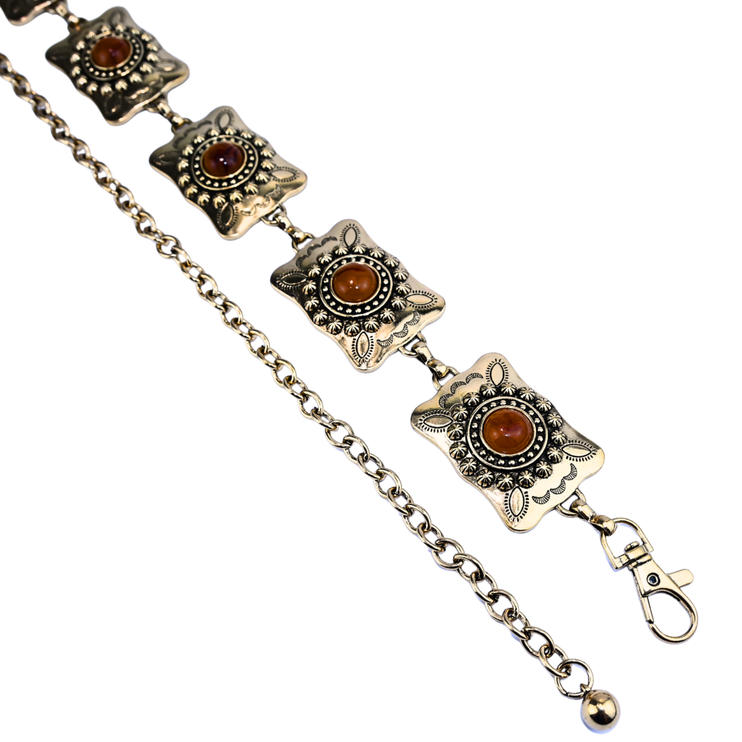 Cinto Corrente Decorativa com Placas Metálicas e Pedra Sintética